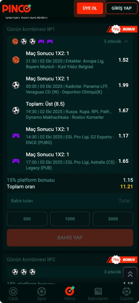 Pinco gerçek zamanlı bonuslar